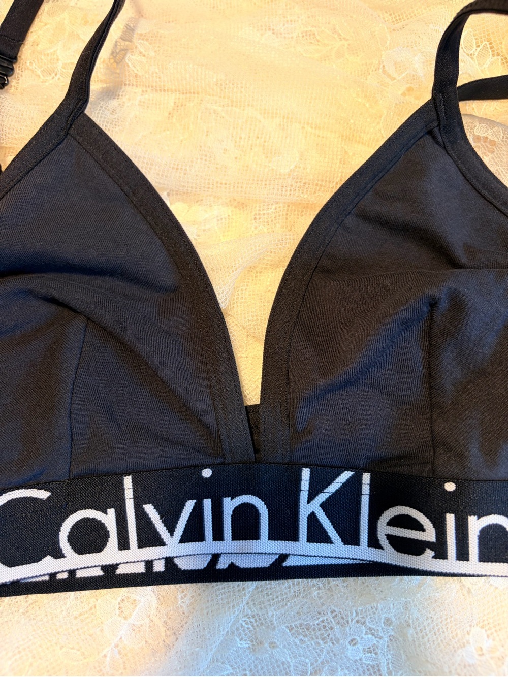 Calvin Klein Black Logo Elastic Triangle Bralette with White Branding